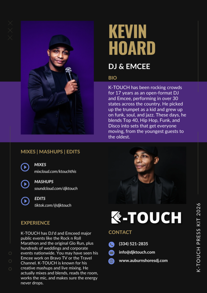 DJ MC K-TOUCH for events and weddings in Auburn AL, Gulf Shores, AL, Gulf Coast.